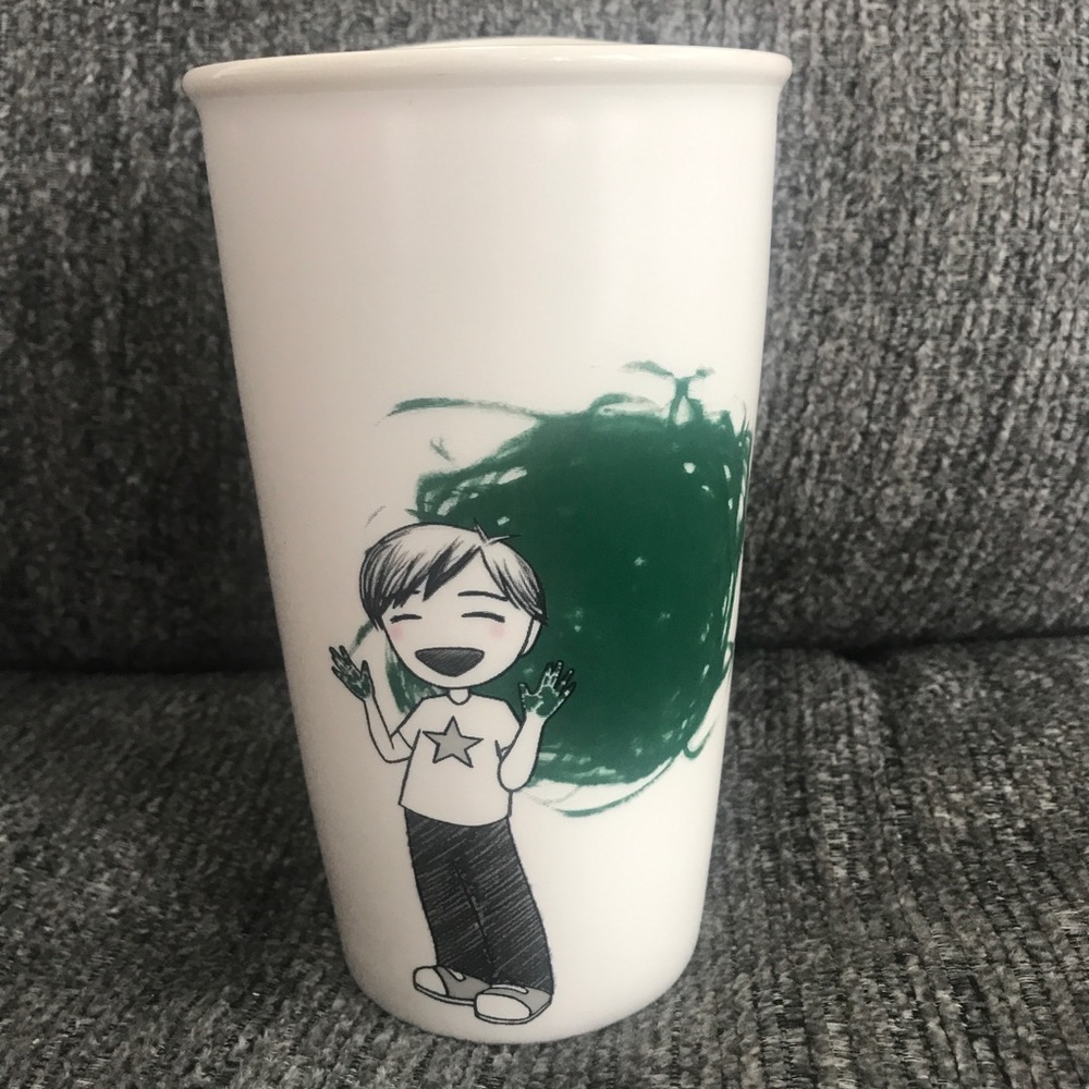 Starbucks 12 oz double wall ceramic tumbler w lid finger paint Dot Collection